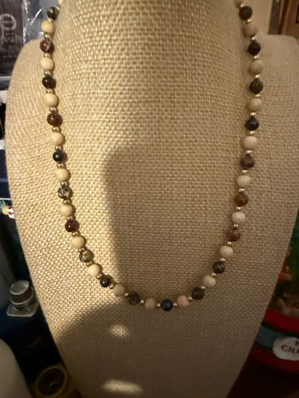 Natural Stone Beaded Necklace in Cream and Brown Tones